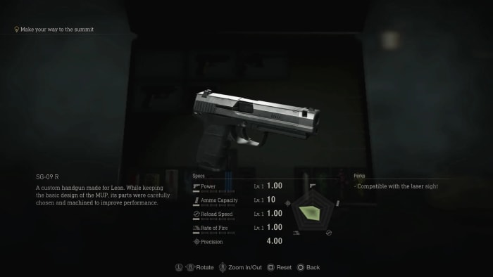 The SG-09 R is your trusty starting sidearm, with you from the very start of the game. It’s a fairly basic weapon, outclassed by most other weapons in one way or another but rarely in every aspect. Fully upgraded, it’s a capable little beast, but it’s probably not one you’ll be bringing to the end-game. Still, you never forget your first. 